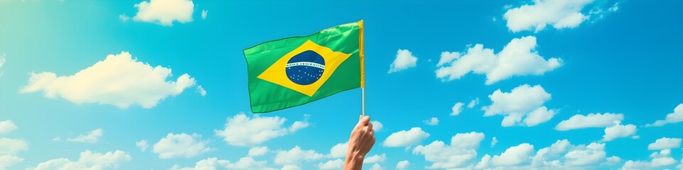 Hand holding Brazil national flag on blue sky. Happy Independence Day, Labor Day, Proclamation of the Republic. Background with copy space for greeting card, banner, poster