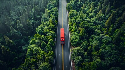 Aerial view of a highway running through a lush forest, with hydrogen energy trucks and cars promoting sustainable transportation on the road