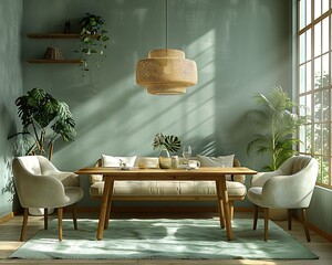 Beige dining space featuring a minimalist natural wood table, beige upholstered chairs, and a pale mint green rug, bathed in warm light from a stylish pendant lamp