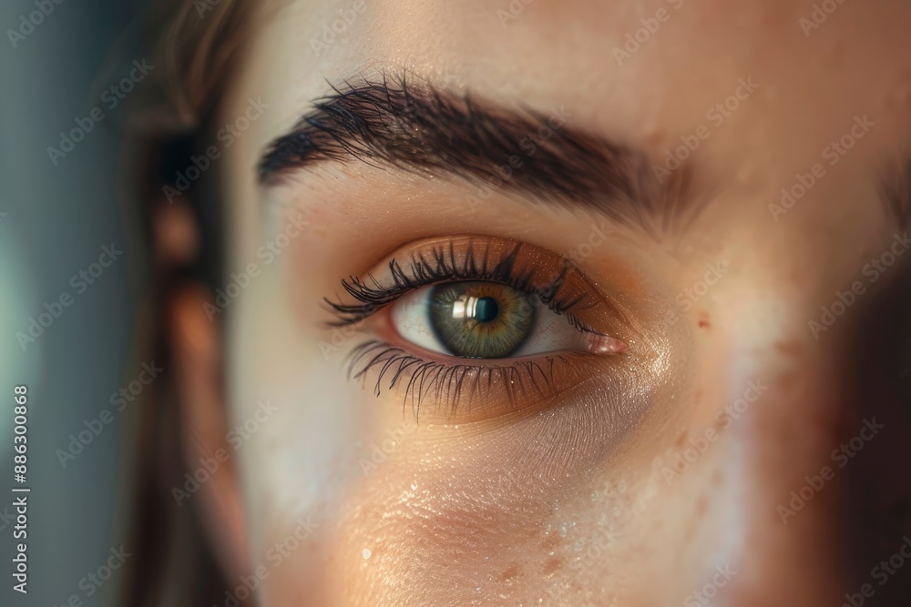 Aufkleber A detailed view of a persons eye with strikingly long lashes, illuminated by a soft glow, Create an image of brows plug that emits a soft glow