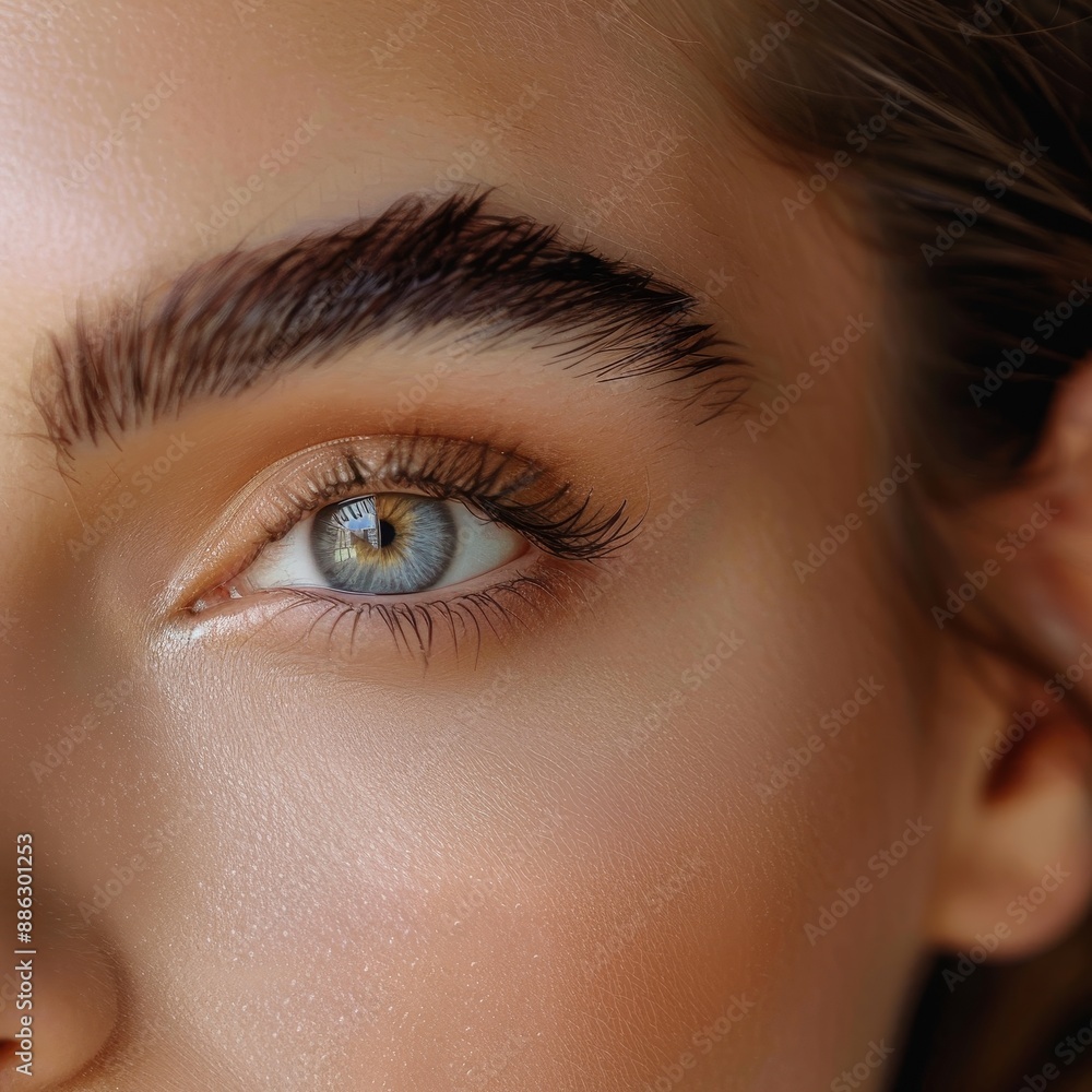 Aufkleber detailed view of a womans striking blue eyes, create an image of brows plug that emits a soft glow