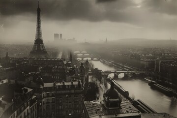Panoramic Black and White Photograph of Paris in the Early 20th Century Featuring the Eiffel Tower and Seine River