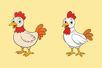 Set of funny cartoon red and orange chicken, hen in various poses, vector illustration