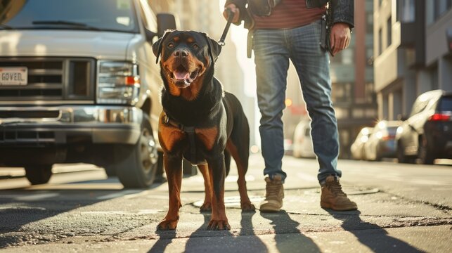 Rottweiler on a Leash in the City