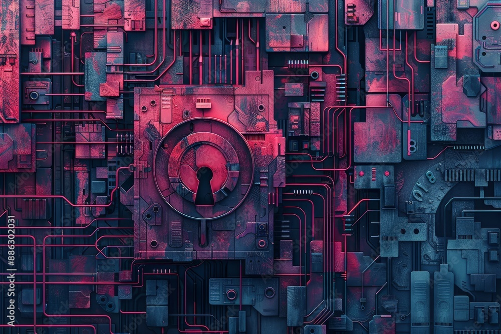 Poster a computer circuit board featuring a lock on it, symbolizing security and protection of data and inf