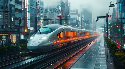 Hyper realistic futuristic transport hub in Japan featuring advanced maglev trains and selfdriving buses set against a clean modern backdrop with detailed infographics and writing space