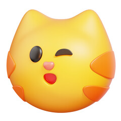 Smiling cat face with winking eye emoji. Cat emotion cartoon icon. Animal emoticon. 3D illustration