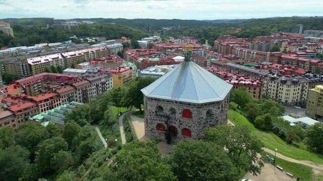 Skansen Kronan, Gothenburg, Sweden. Stone Fortification building Skansen Krona exterior Wall and Golden Crown near Haga residential area, Gothenburg sweden. Areal shot of the golden crown on top