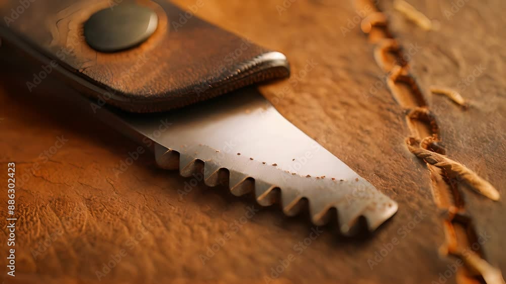 Poster a closeup of a leather beveler its sharp blade creating beveled edges on a piece of leather adding a
