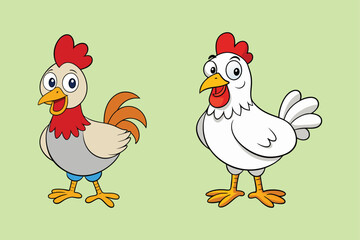 Set of funny cartoon red and orange chicken, hen in various poses, vector illustration