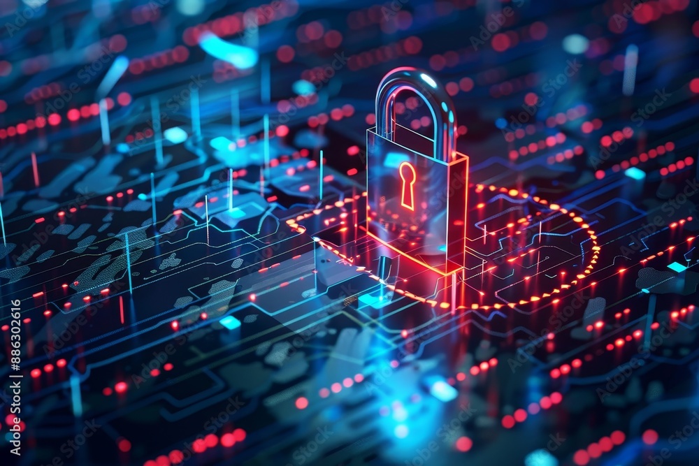Poster a lock securely fastened on top of a computer circuit board, ensuring privacy and protection, creati