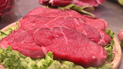 Meat in the butcher shop. Fresh beef in the store. Raw meat, close-up