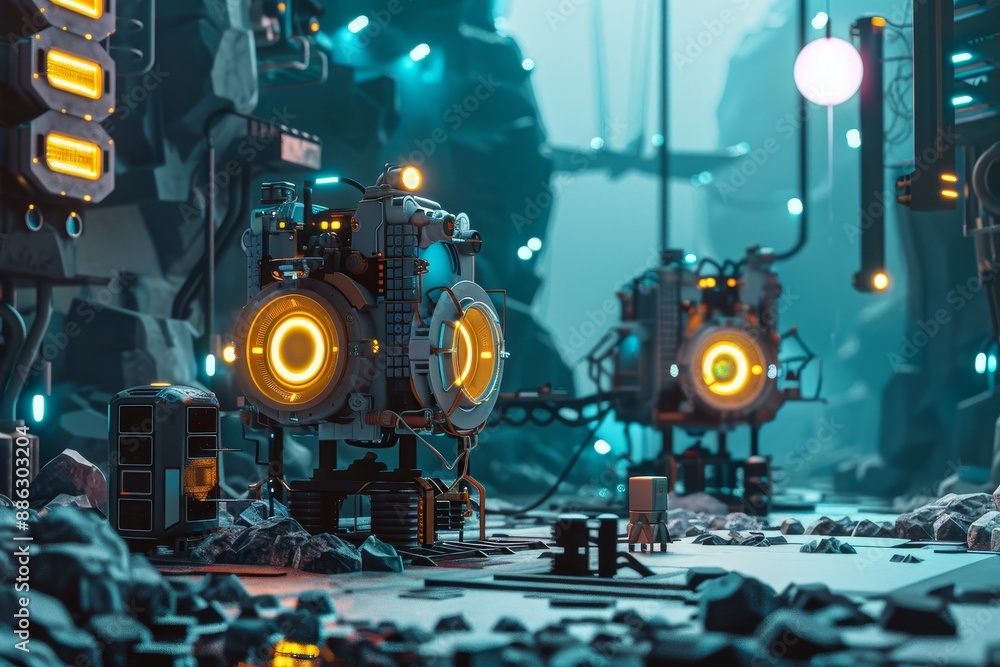 Poster a sci-fi scene depicting an advanced automated mining rig in operation, creating a futuristic scene 