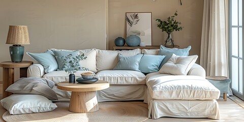 Beige living space with a plush sand-colored sectional sofa, delicate pale blue throw pillows, and a natural wood coffee table, set against a light beige wall