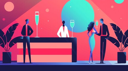 A futuristic party with holographic decorations, guests in sleek, sci-fi inspired outfits, and an overall enigmatic and festive atmosphere, flat design illustration