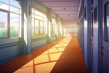High school corridor balcony in the daytime, Anime background, 2D illustration