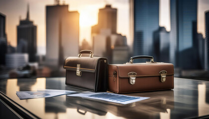 Fototapeta premium Corporate symbols including buildings, briefcases, and charts, symbolizing business, industry, and corporate structure. Ideal for topics related to business, corporate world, and industry.