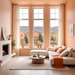 Naklejka premium Modern minimalist living room interior with soft pastel orange walls, white sofa with cream-colored throw pillows and a large window overlooking a small village skyline