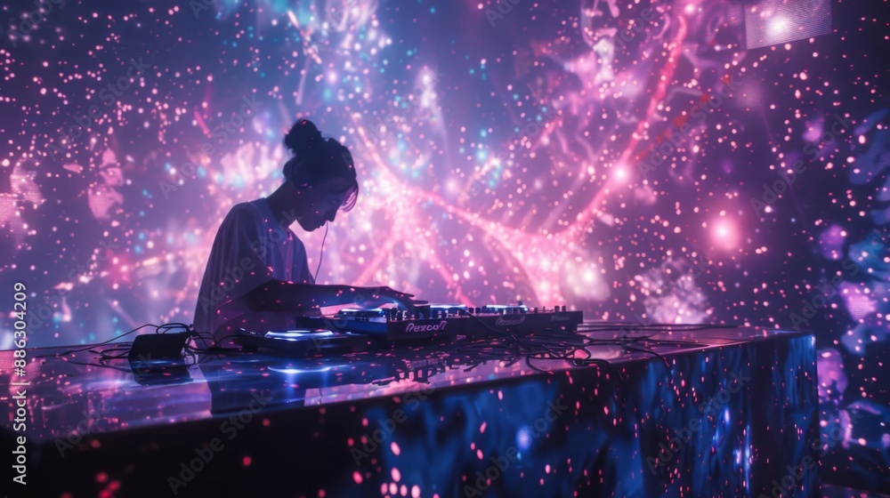 Poster a dj mixes music in front of a dazzling projection of a colorful galaxy.