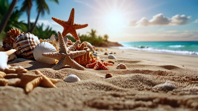 Tropical beach with sea stars and shells in sand background with copyspace for text, Concept of summer relaxation, tourism and vacations