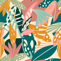 Fototapeta premium Floral Artistic Hand Drawn Seamless Pattern. Abstract Flowers Print. Vector Botanical Seamless Pattern with Abstract Leaves, Textures, Shapes. Colorful Leaves Creative Print Design