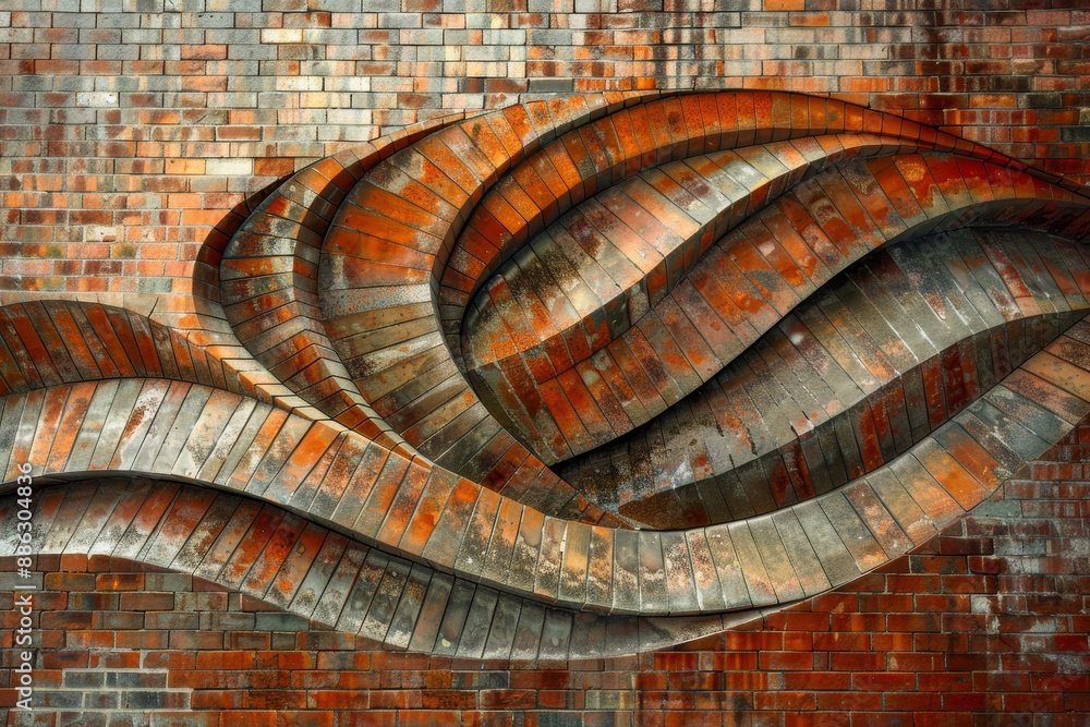 Poster brick wall with a unique, curved design adding visual interest and texture, creating a sense of move