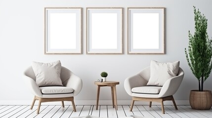 Minimalist Living Room with Empty Frames and Soft Armchairs