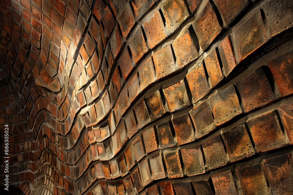 Poster a clock mounted on the side of a brick wall, creating a sense of movement or flow within the brick p
