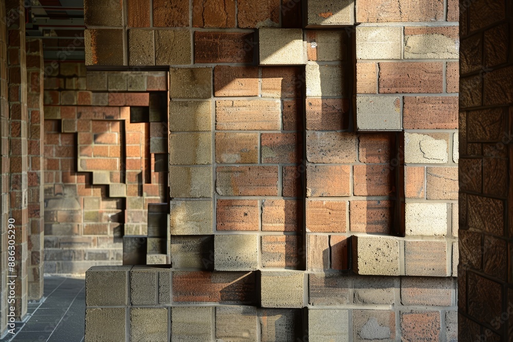 Poster a wall built using blocks of bricks, showcasing sturdy construction, creating a sense of movement or