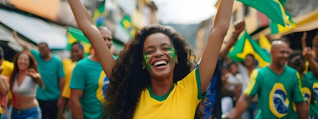 Happy young girl football fan celebrating her team victory. Latino woman with Brazil flag laughing and smiling. Celebration of Independence Day, Labor Day, Proclamation of the Republic