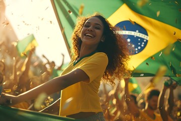 Happy young girl football fan celebrating her team victory. Latino woman with Brazil flag laughing and smiling. Celebration of Independence Day, Labor Day, Proclamation of the Republic