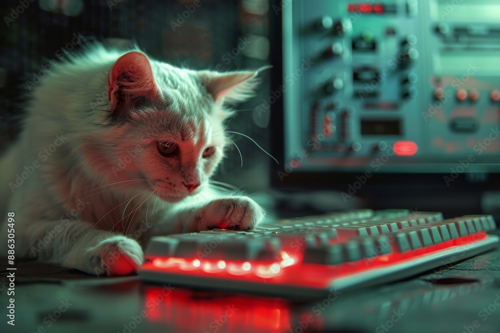 Poster a white cat is resting comfortably on top of a computer keyboard, creating a visual metaphor for the
