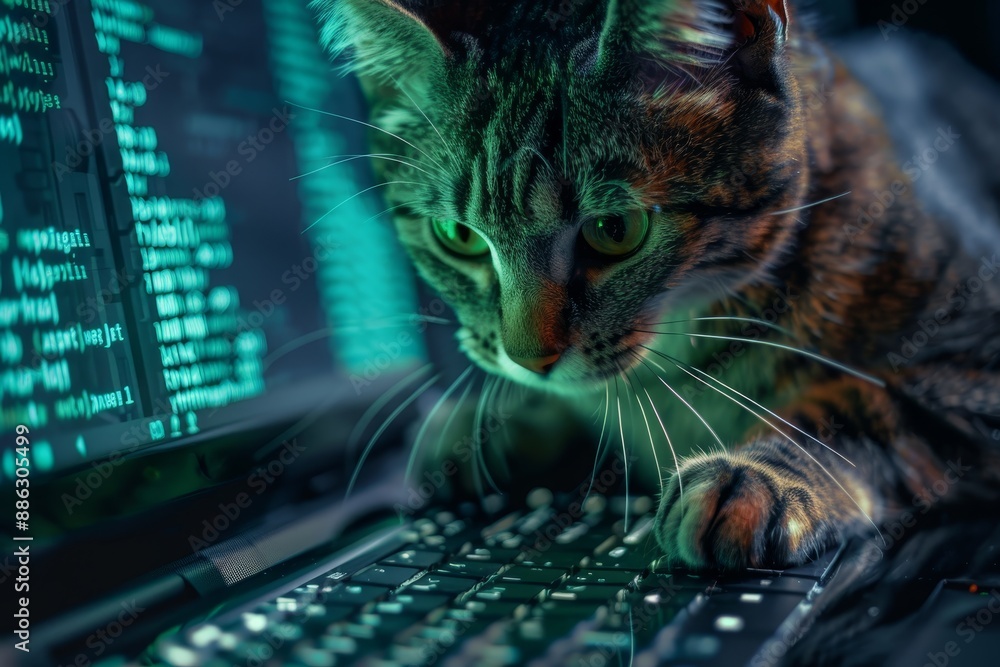 Poster a cat is seated atop a computer keyboard, curiously observing the keys, creating a visual metaphor f