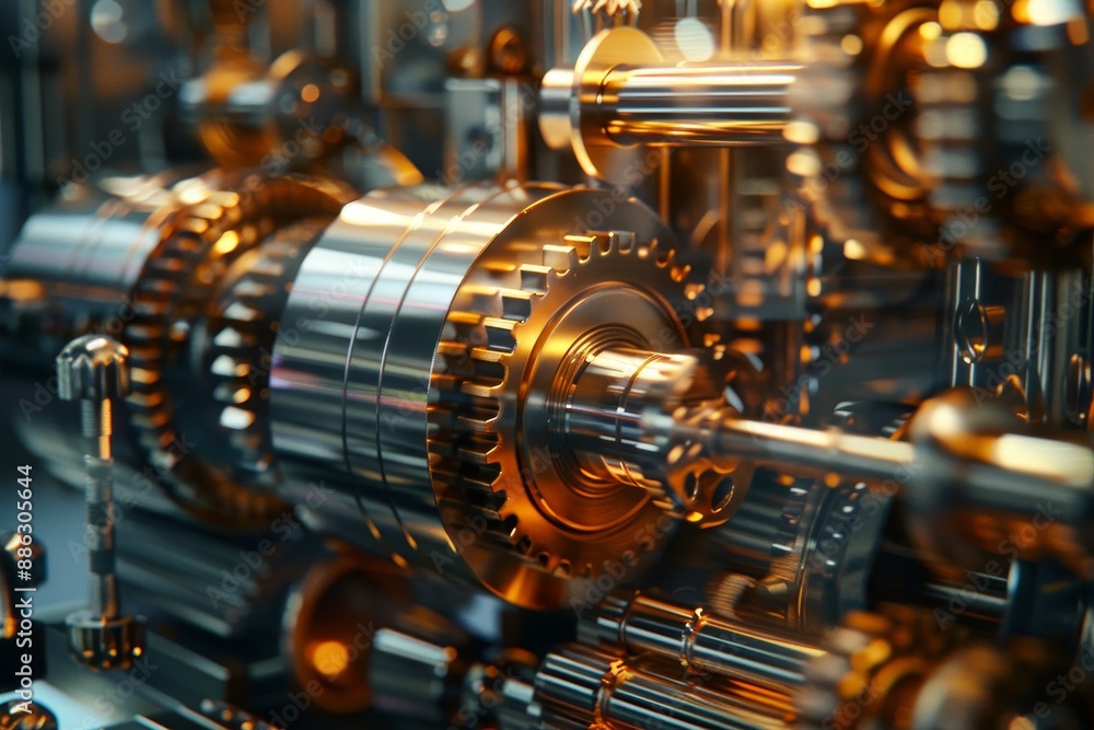 Poster detailed view of a machine filled with multiple interconnected gears, showcasing intricate mechanics