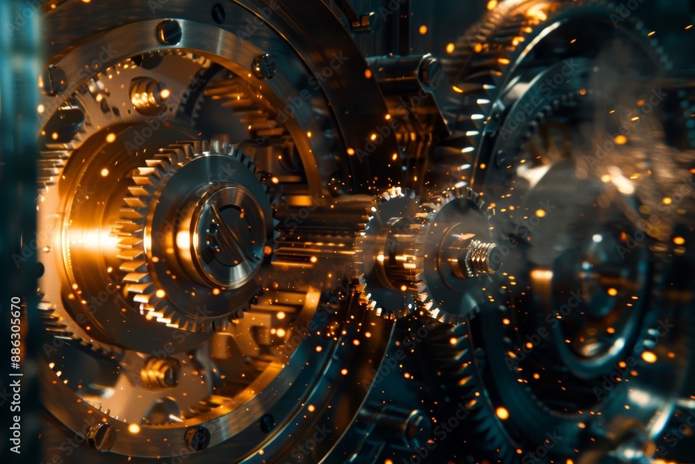 Poster detailed view of a mechanical device showing intricate parts and motion, creating a visual represent