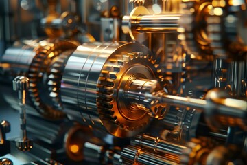 Detailed view of a machine filled with multiple interconnected gears, showcasing intricate mechanics and motion, Creating a visual representation of motion and energy transfer in machines