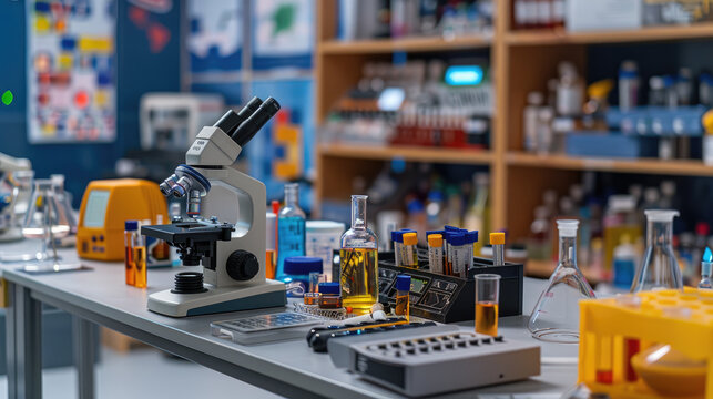 Science laboratory setup with test tubes, beakers, microscopes, chemical bottles, experiment materials, safety gear