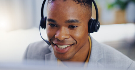 Customer service, laptop and face of black man consulting on contact us CRM, telemarketing or...
