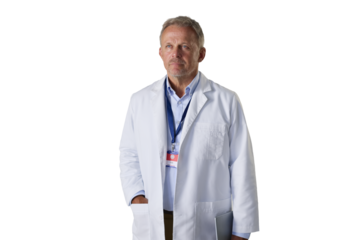 Middle Aged Man Wearing White Lab Coat and ID Badge