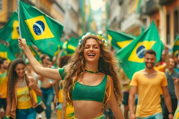 Happy young girl football fan celebrating her team victory. Latino woman with Brazil flag laughing and smiling. Celebration of Independence Day, Labor Day, Proclamation of the Republic