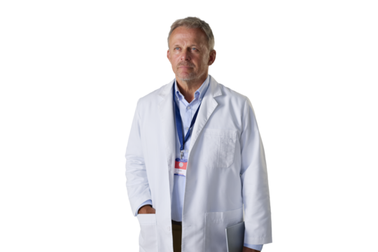 Middle Aged Man Wearing White Lab Coat and ID Badge