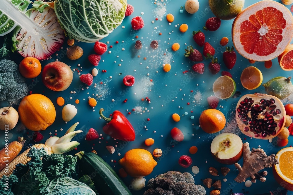 Aufkleber various fruits and vegetables displayed on a table, creating a visual representation of the impact o