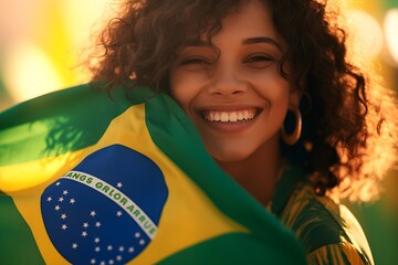 Happy young girl football fan celebrating her team victory. Latino woman with Brazil flag laughing and smiling. Celebration of Independence Day, Labor Day, Proclamation of the Republic