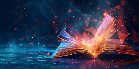 Futuristic Glowing Low-Polygon Open Book Against Dark Background. Concept Book photography, Futuristic theme, Low-polygon design, Glowing elements, Dark background