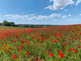 Fototapeta premium Vibrant Poppy Field Landscape Under Blue Sky