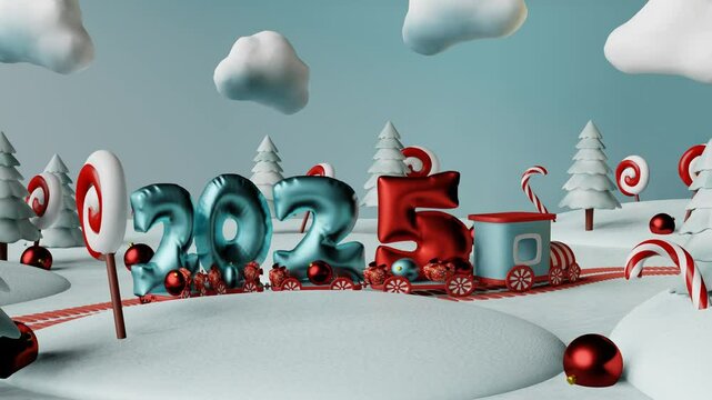 Seamless looping animation of fairy Christmas train transporting 2025 balloons in magical forest with candy canes and lolly pops. 3d render
