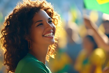 Happy young girl football fan celebrating her team victory. Latino woman with Brazil flag laughing and smiling. Celebration of Independence Day, Labor Day, Proclamation of the Republic