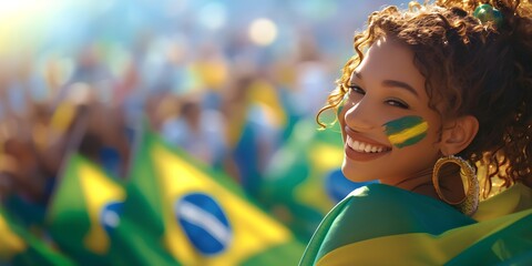Happy young girl football fan celebrating her team victory. Latino woman with Brazil flag laughing and smiling. Celebration of Independence Day, Labor Day, Proclamation of the Republic