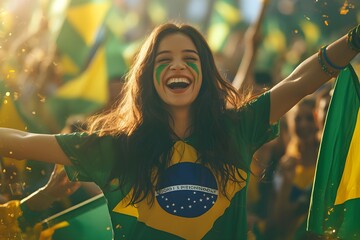 Happy young girl football fan celebrating her team victory. Latino woman with Brazil flag laughing and smiling. Celebration of Independence Day, Labor Day, Proclamation of the Republic