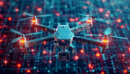 Fototapeta premium High-tech drone with illuminated circuits and propeller over glowing digital network